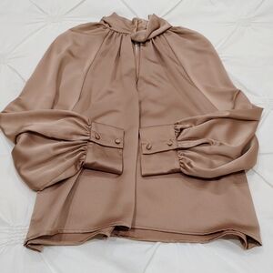 Zara satin champagne bronze long sleeve blouse with buttons. Size S
